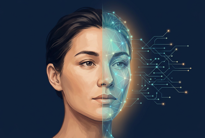 KI-generierte Konzeptillustration: Ein Gesicht verbindet sich mit einem abstrakten neuronalen Netzwerk, Symbolbild zur KI-Gesundheitsforschung.