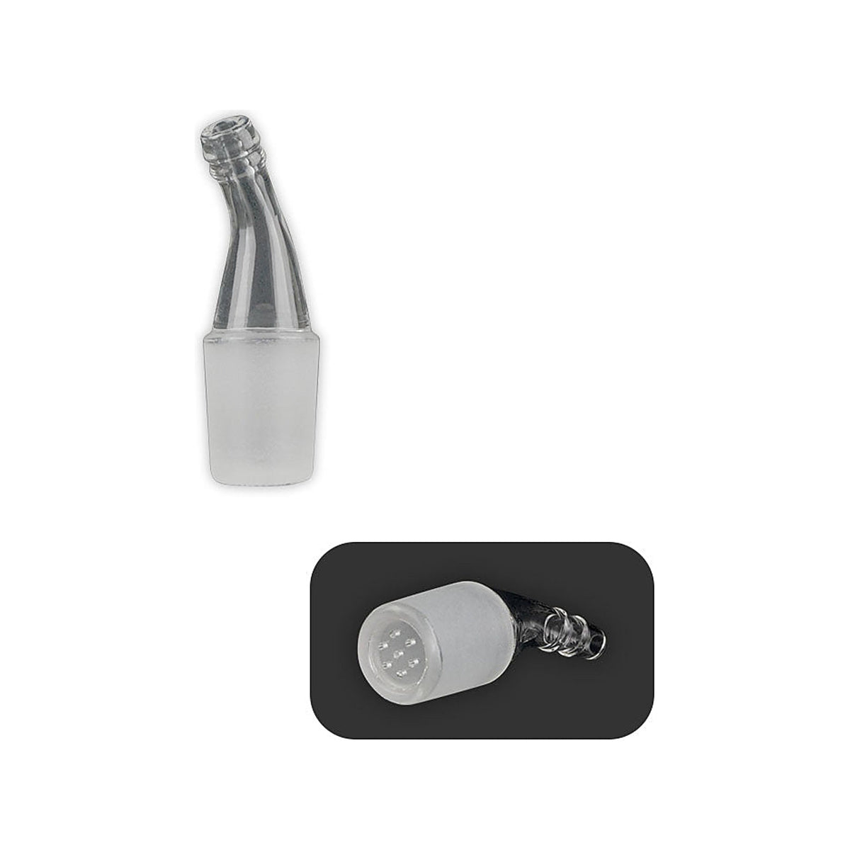 Ein Arizer Glaswinkel mit 19-mm-Schliff und integriertem Glassieb, zusätzlich in Detailansicht gezeigt