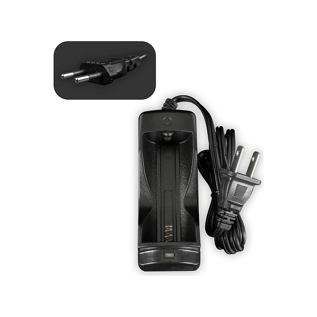 Arizer Air-MAX-26650-Ladegerät mit einem leeren Akkuschacht und EU-Netzkabel