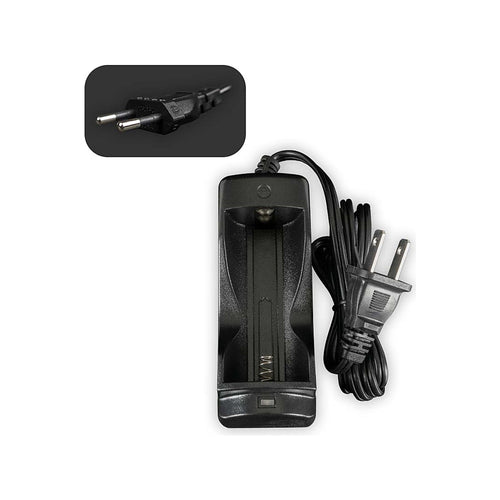 Arizer Air-MAX-26650-Ladegerät mit einem leeren Akkuschacht und EU-Netzkabel