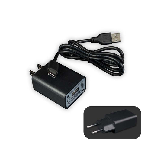 Arizer Air-MAX-Ladegerät mit USB-A-auf-USB-C-Kabel und EU-Stecker im Detailausschnitt
