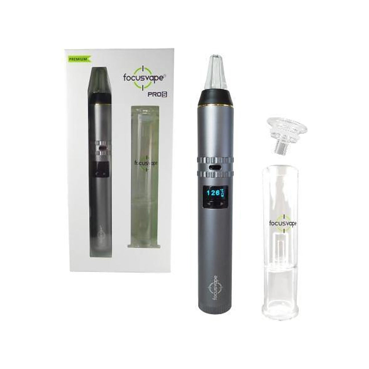 Focusvape Pro S Premium Set in Gun Metal mit Bubbler und Verpackung
