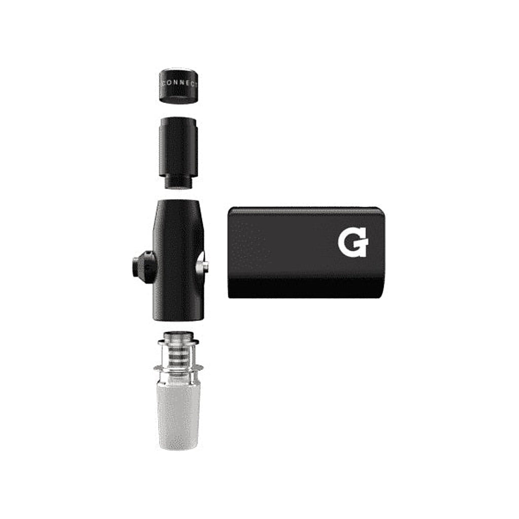 Einzelteile des G Pen Connect mit Tank, Gehäuse, Akku und Glasadapter