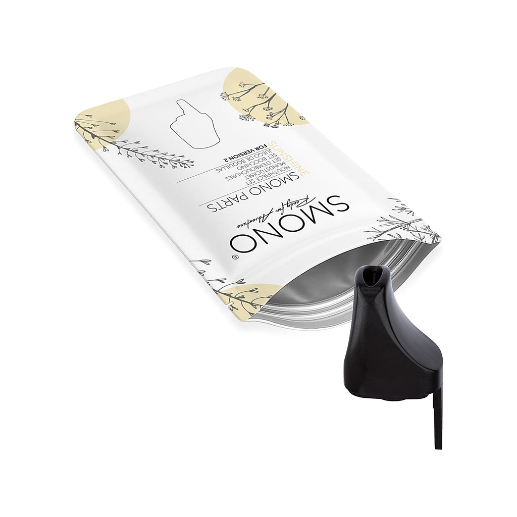 Smono Sunshine Version 2 vollständige Mundstückeinheit neben dem Verpackungsbeutel