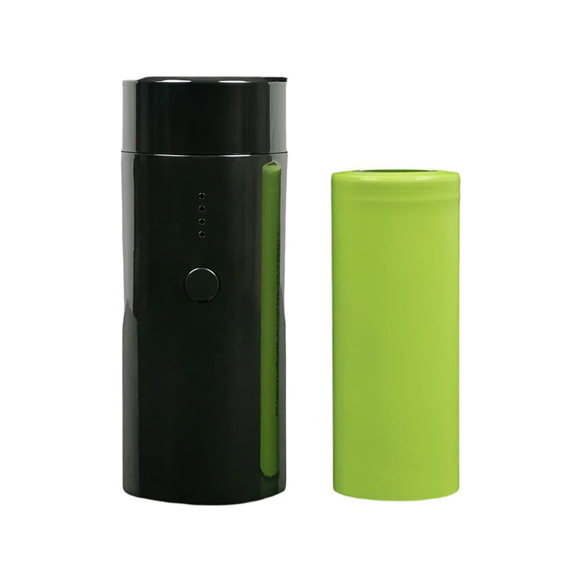 Ein grüner Arizer Air-MAX-26650-Akku neben dem schwarzen Ladestandstester
