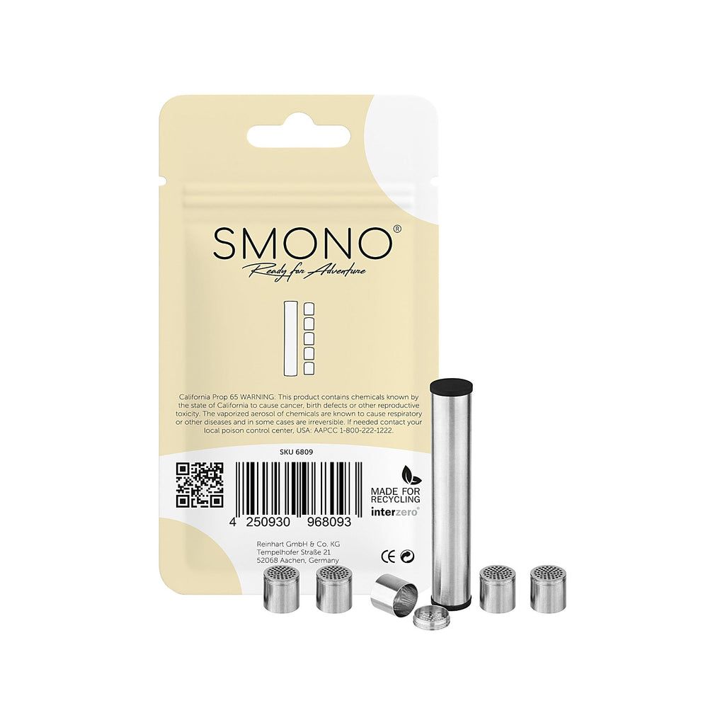 Smono Sunshine Version 2 Set aus fünf Dosierkapseln und Transportröhrchen mit Rückseite der Originalverpackung