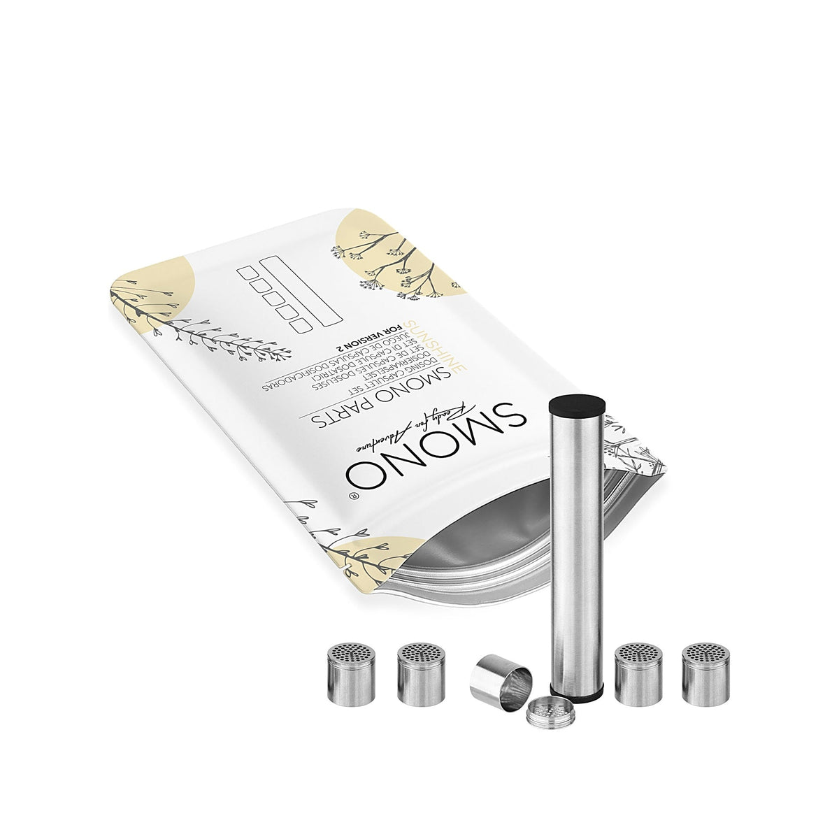 Smono Sunshine Version 2 Set aus fünf Dosierkapseln und Transportröhrchen neben dem Verpackungsbeutel