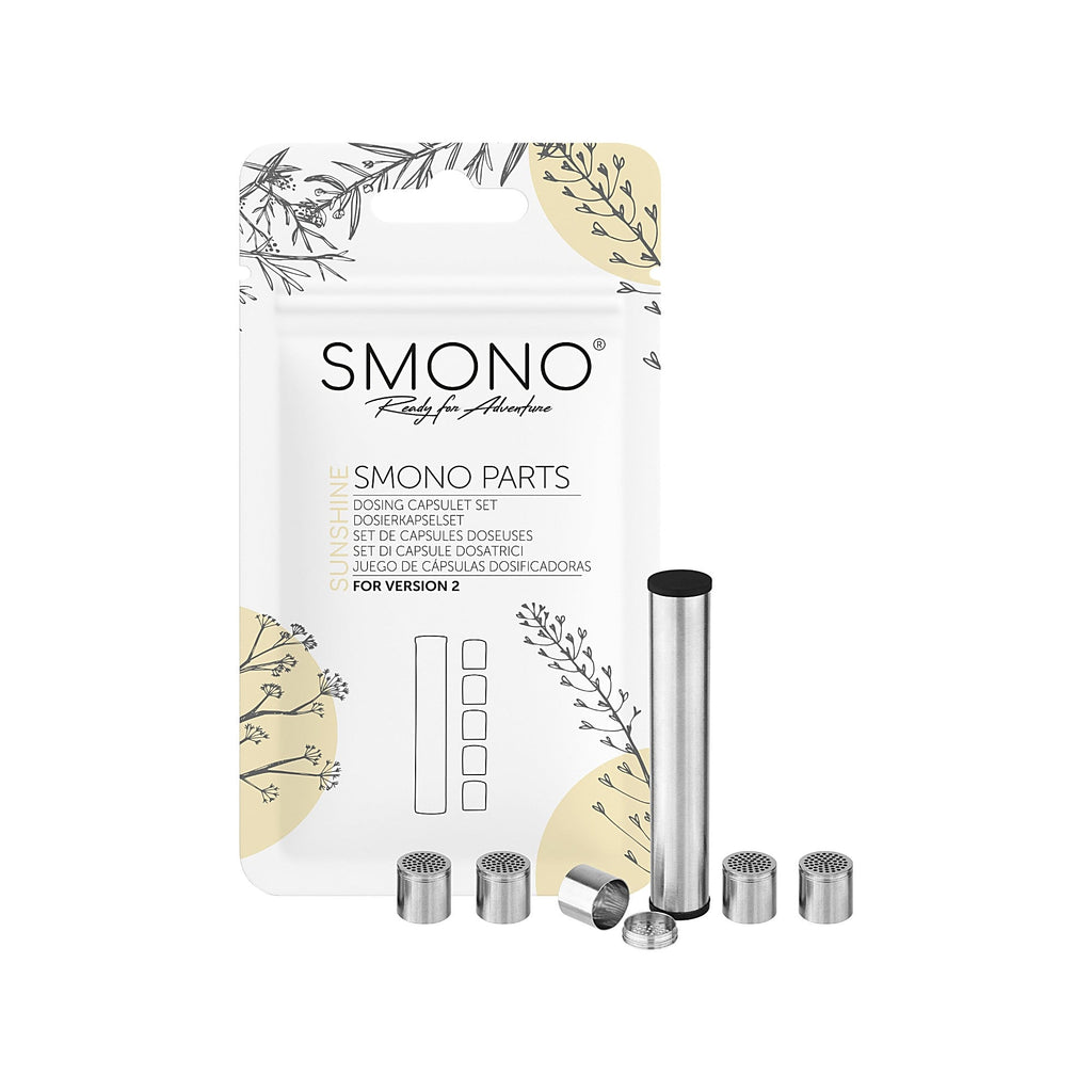 Smono Sunshine Version 2 Set aus fünf Dosierkapseln und Transportröhrchen mit Vorderseite der Originalverpackung