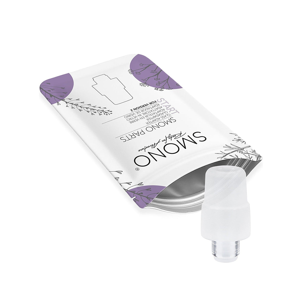 Smono Start Version 2 Glasadapter neben dem Verpackungsbeutel
