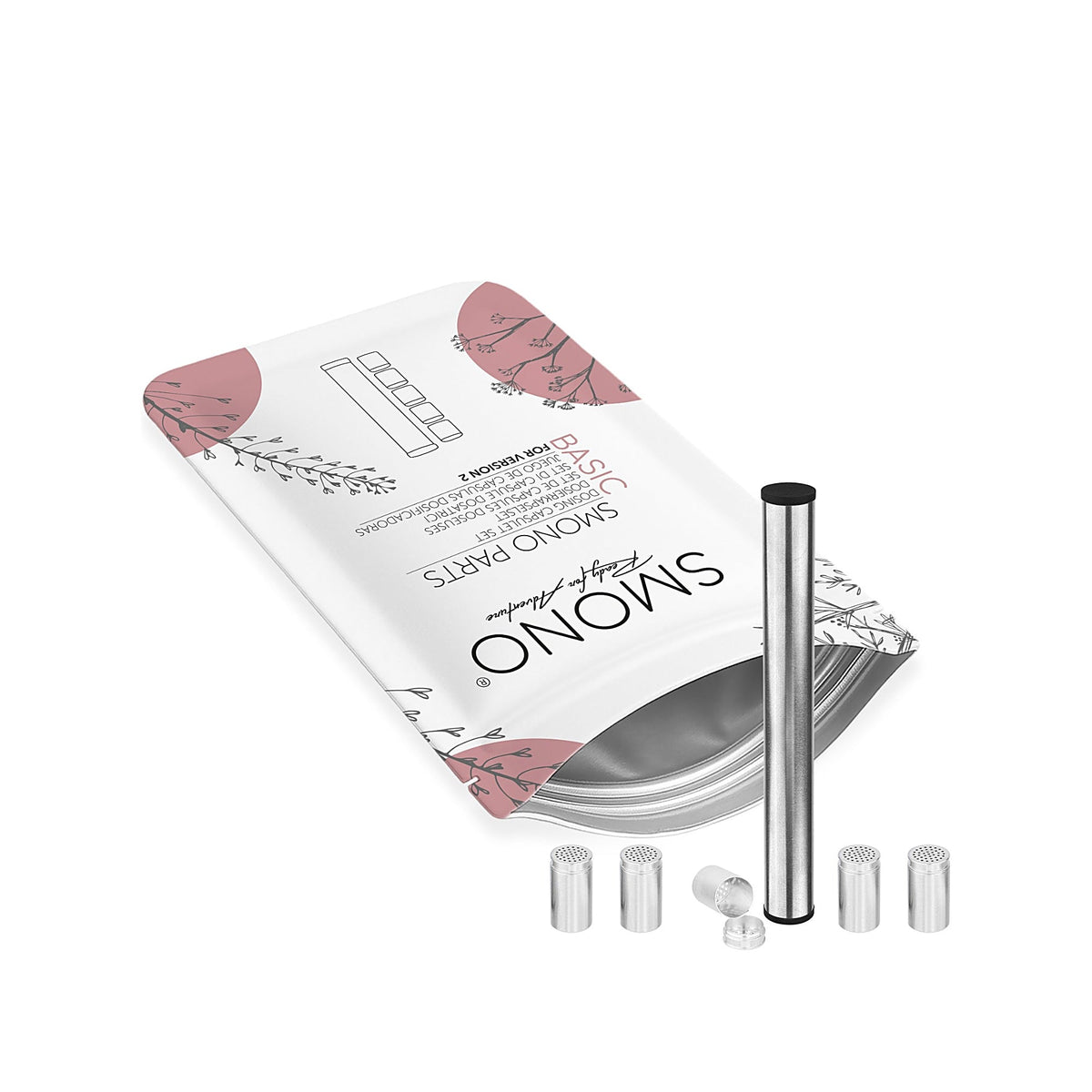 Smono Basic V2 Dosierkapseln und Caddy neben Verpackung