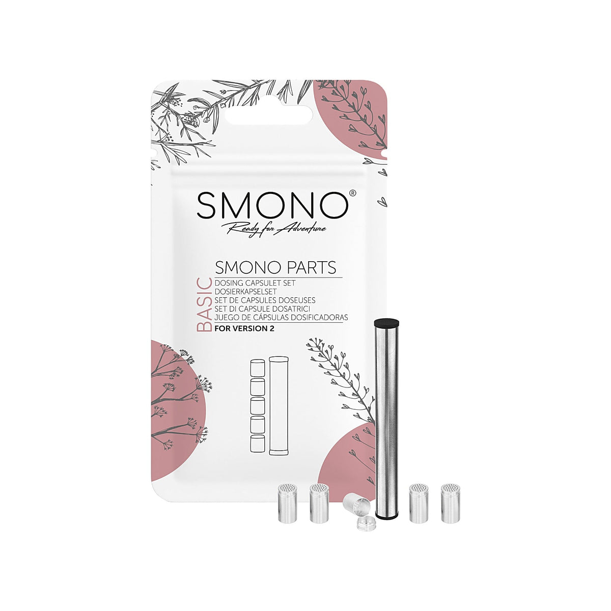 Smono Basic V2 – fünf Dosierkapseln mit Edelstahl-Caddy und Verpackung