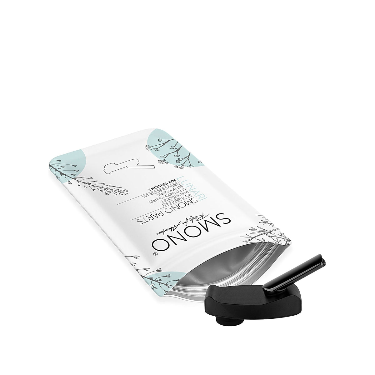 Smono Lunari Version 1 Mundstückset neben dem Verpackungsbeutel