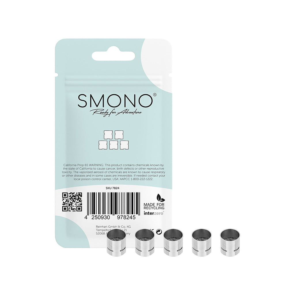 Fünf Smono Lunari Version 1 Konzentratbecher mit Rückseite der Originalverpackung