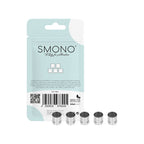 Fünf Smono Lunari Version 1 Konzentratbecher mit Rückseite der Originalverpackung