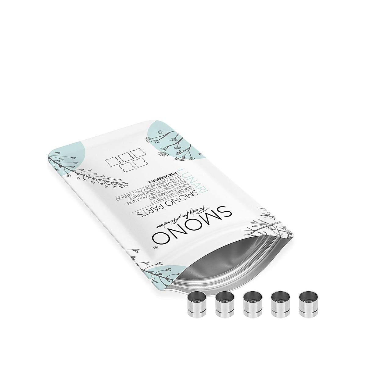 Fünf Smono Lunari Version 1 Konzentratbecher neben dem Verpackungsbeutel