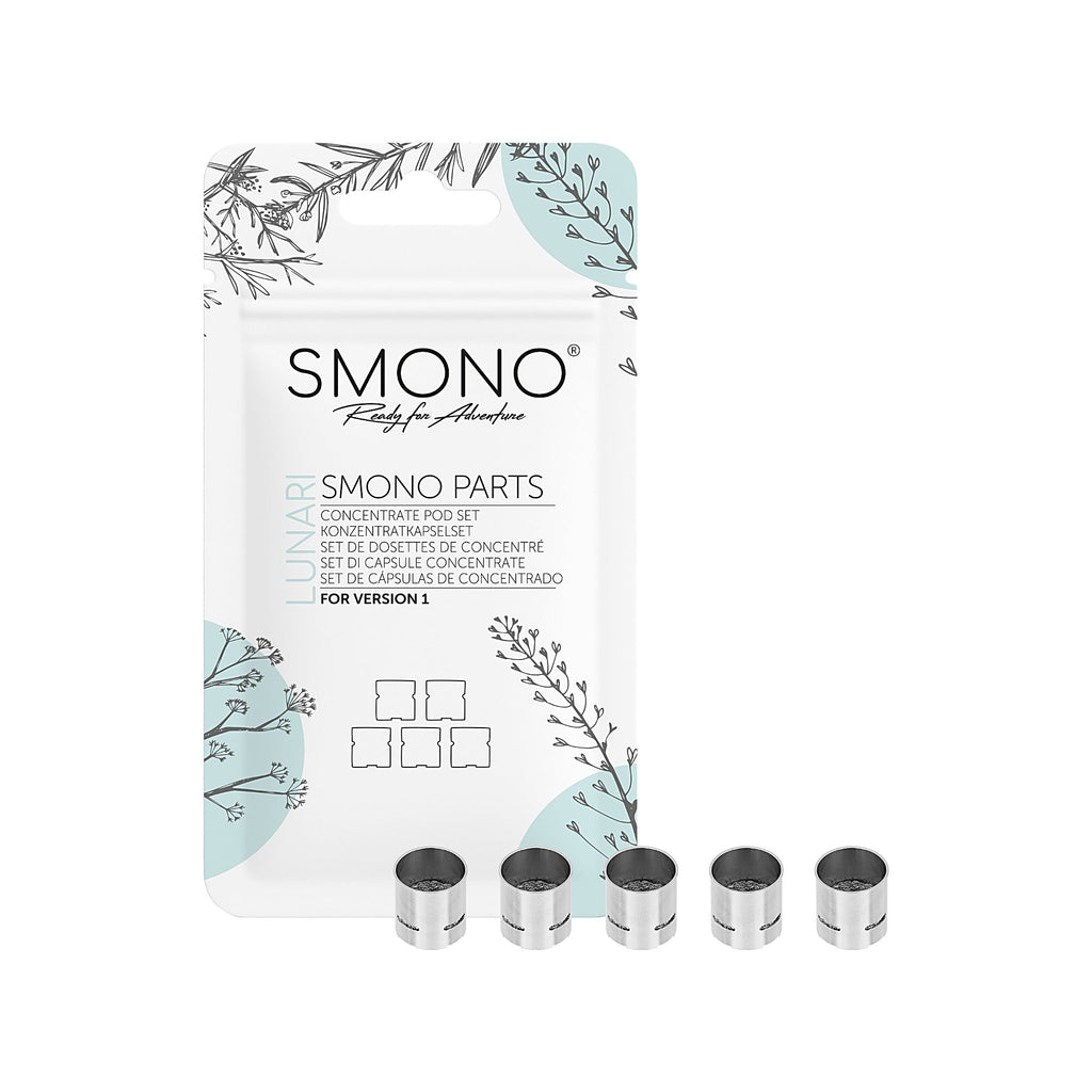 Fünf Smono Lunari Version 1 Konzentratbecher mit Vorderseite der Originalverpackung