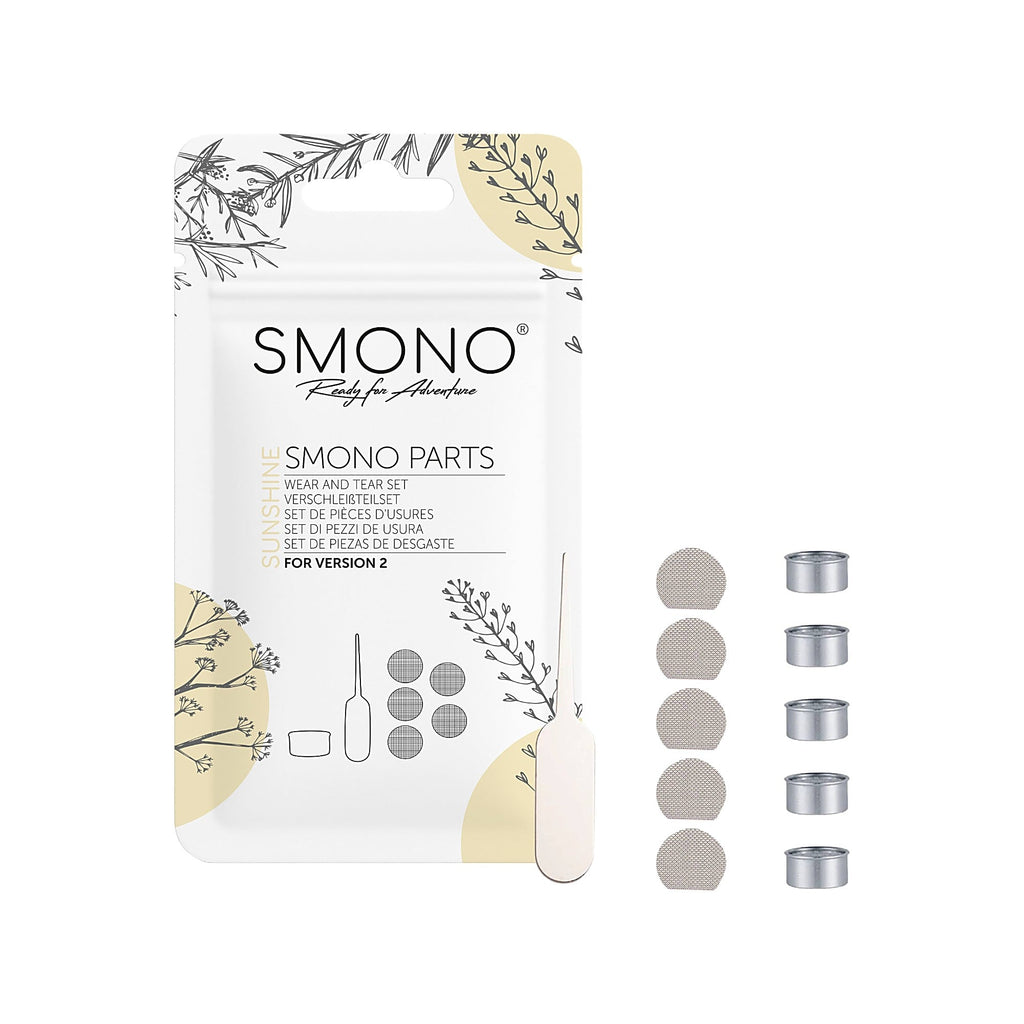 Smono Sunshine Version 2 Verschleißteileset mit zehn Sieben und Wartungstool mit Vorderseite der Originalverpackung