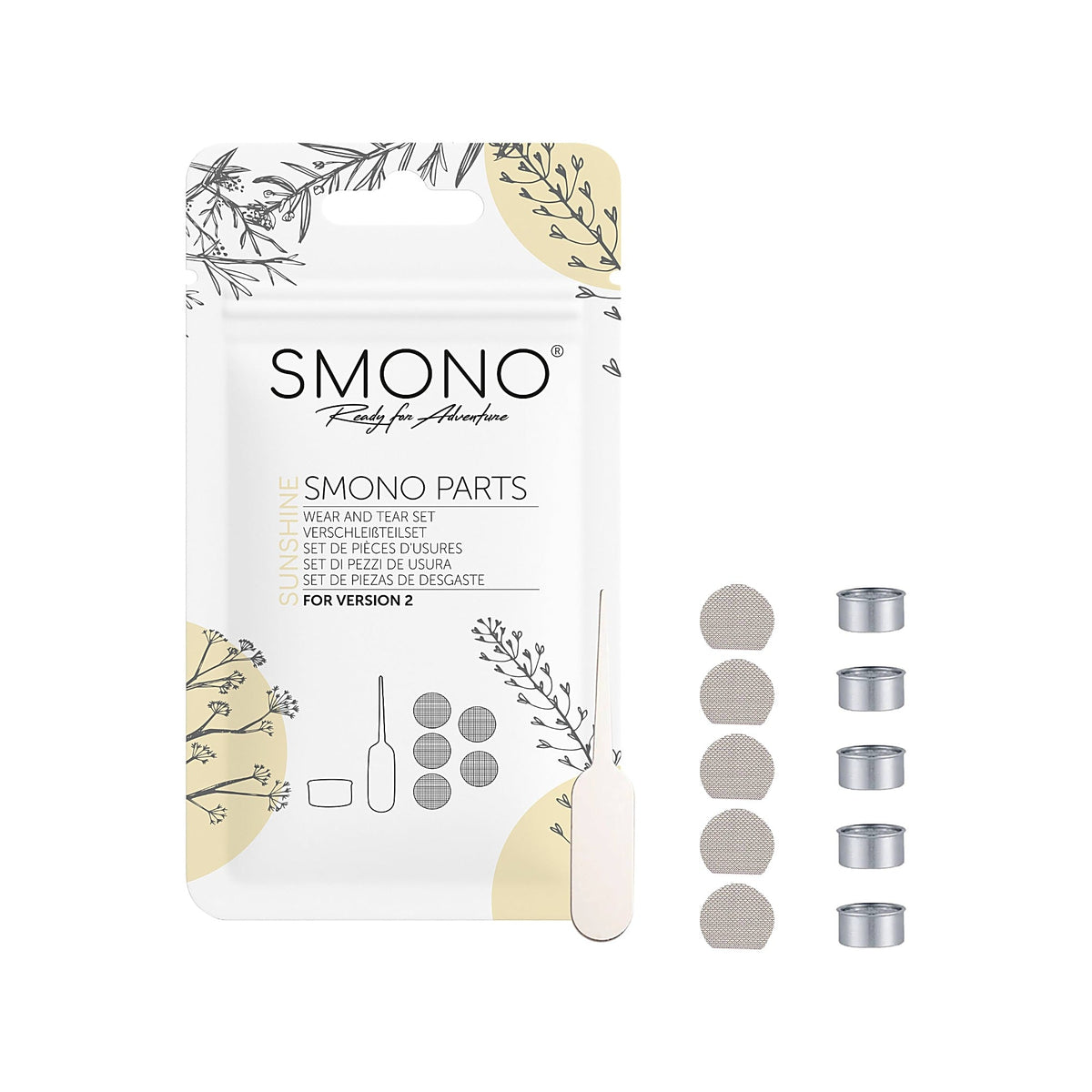 Smono Sunshine Version 2 Verschleißteileset mit zehn Sieben und Wartungstool mit Vorderseite der Originalverpackung