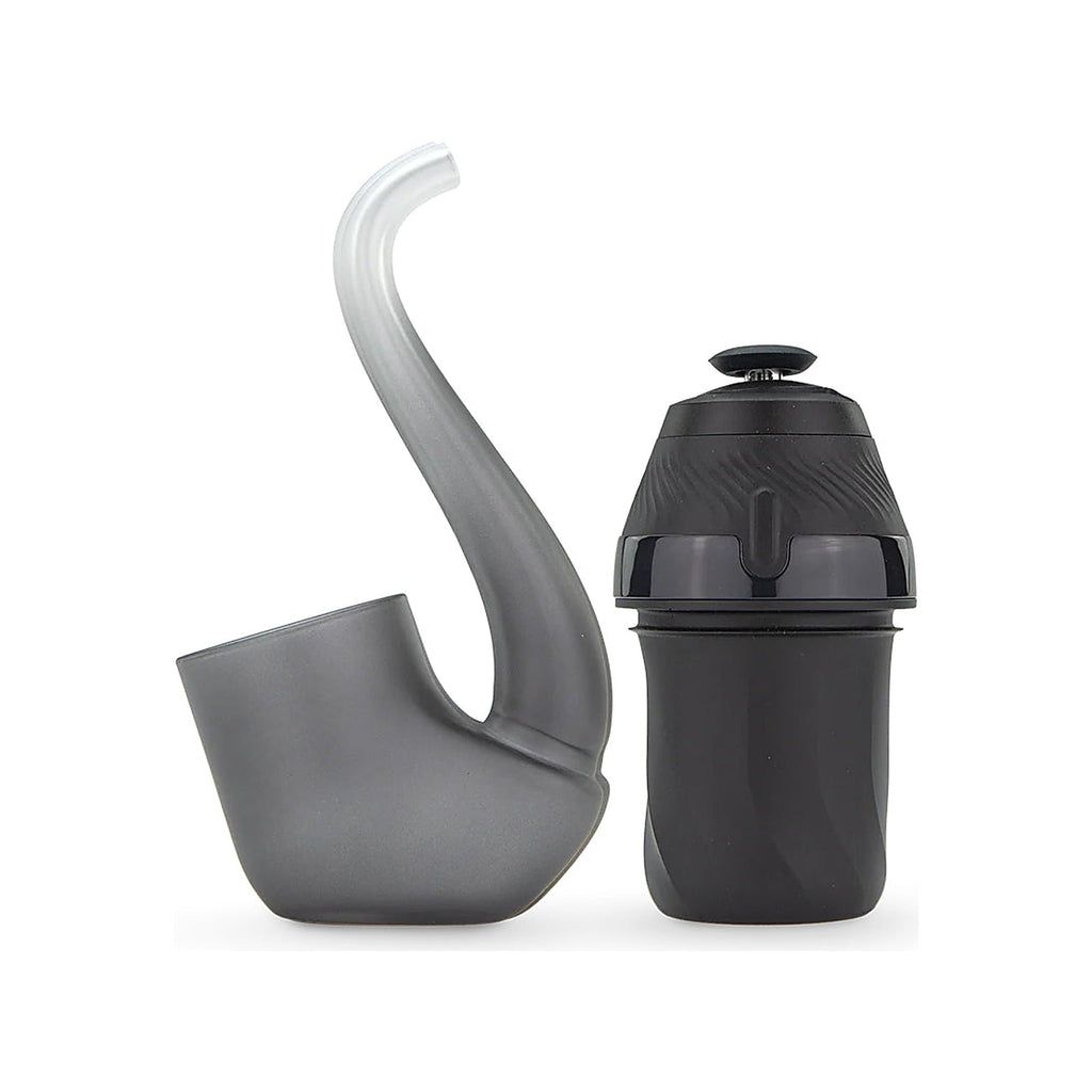 Glas-Pfeife und herausgenommene Basis des Puffco New Proxy in Onyx nebeneinander