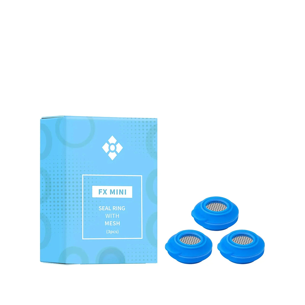 Drei blaue Wolkenkraft FX Mini Dichtungsringe mit eingesetzten Sieben und Box