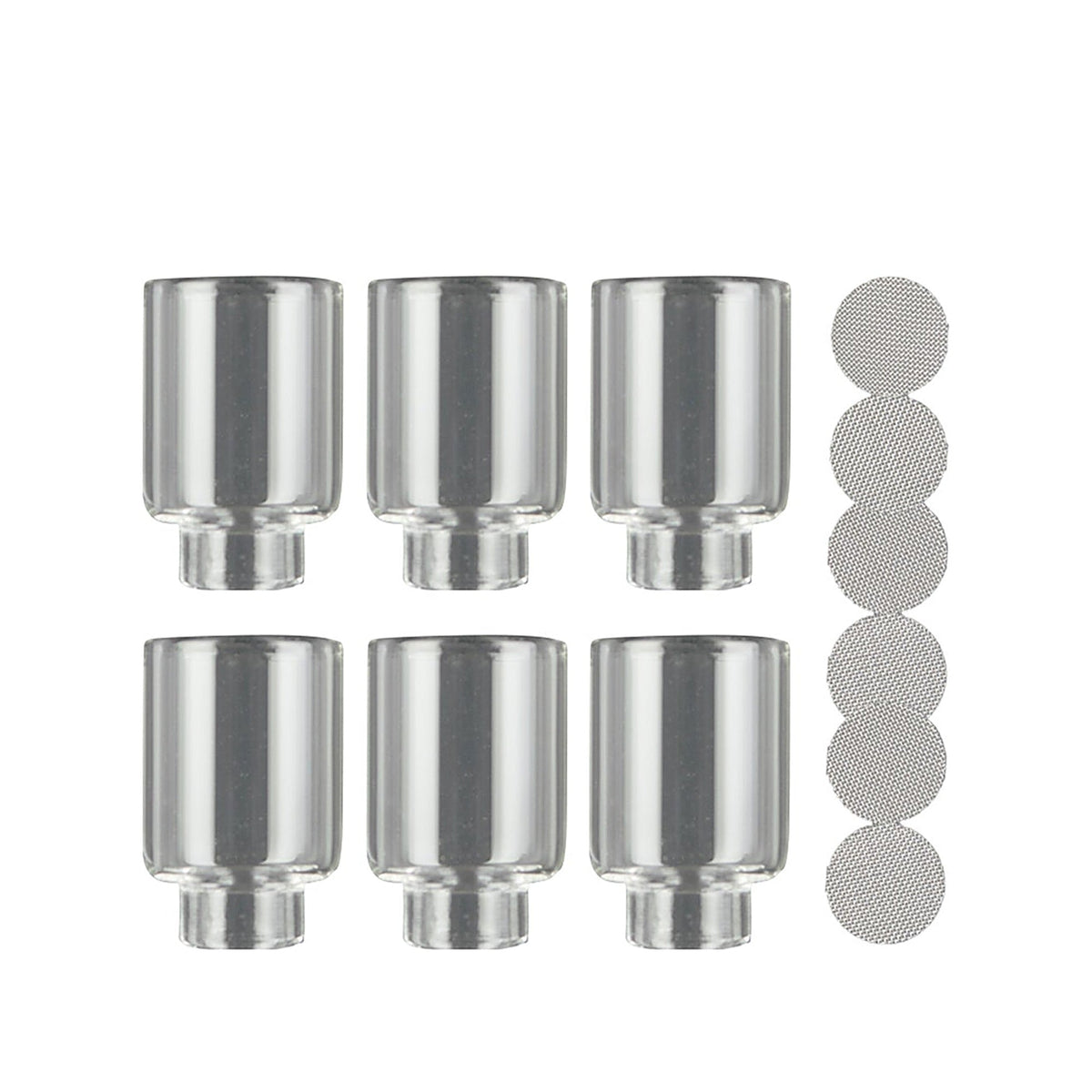 Sechs Arizer Go Shells aus Glas neben sechs runden Edelstahl-Filtersieben