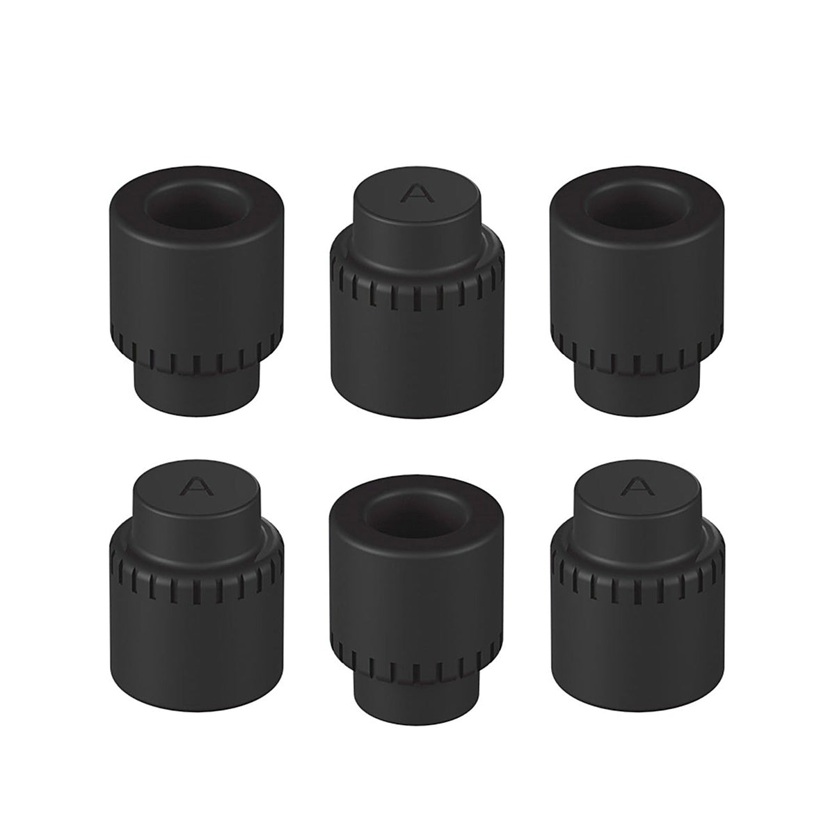 Sechs schwarze Arizer Go Shell Grips aus Silikon in unterschiedlichen Ansichten