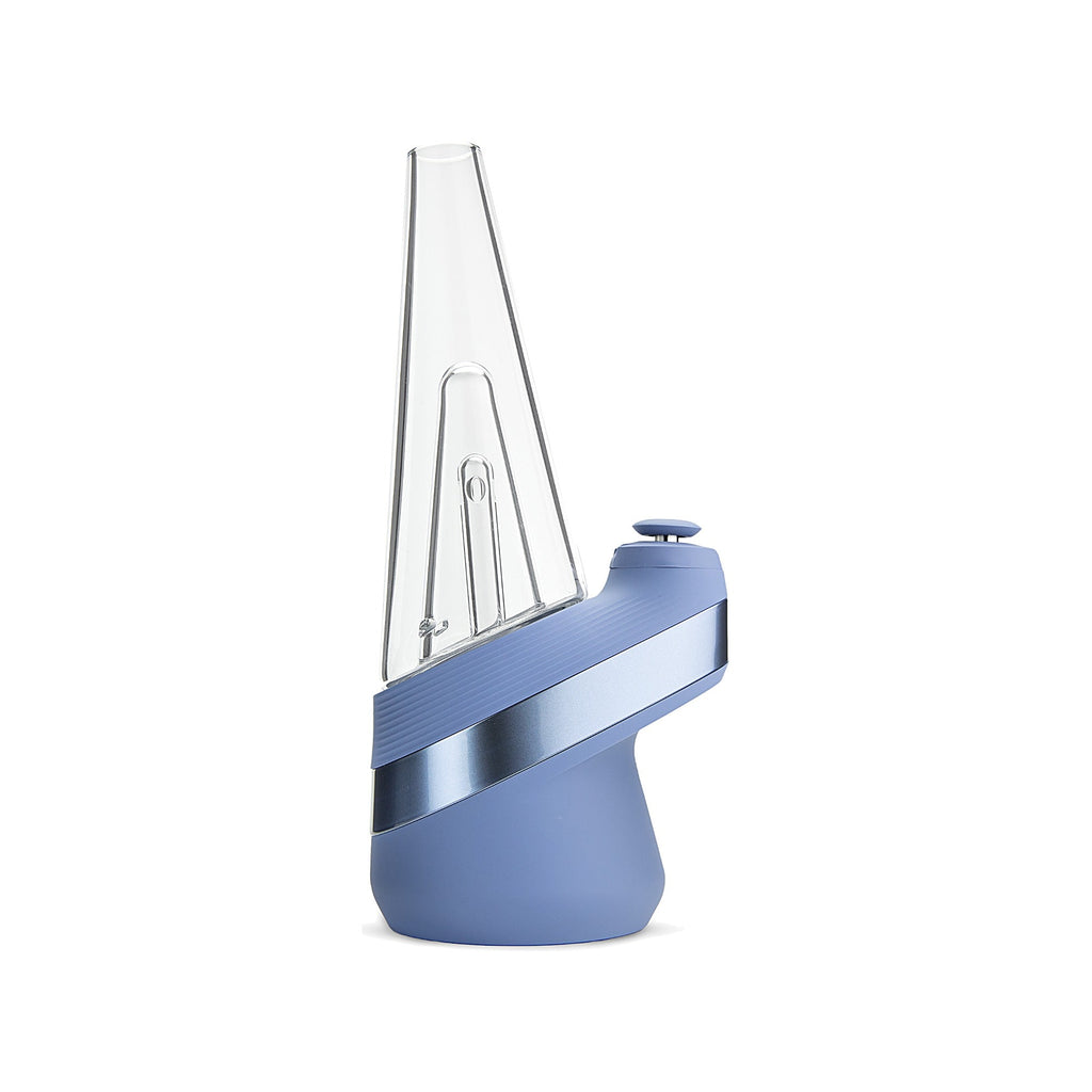 Puffco New Peak Sapphire mit seitlicher Ansicht auf Kammer und Glasaufsatz