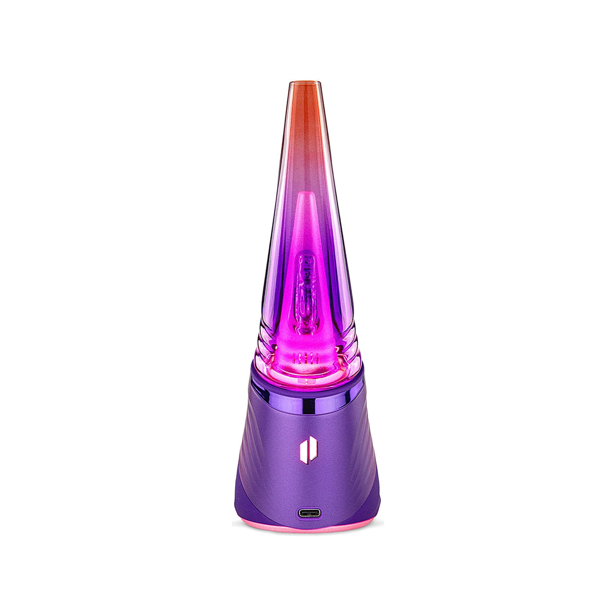 Puffco Peak Pro 3DXL in Plasma, beleuchtete Vorderansicht mit Glasaufsatz