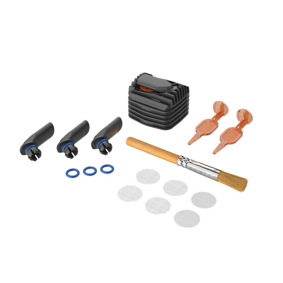 VEAZY Verschleißteileset Alluring Black mit Kühleinheit, drei Mundstücken, Ringen, sechs Sieben, Bürste und zwei Werkzeugen