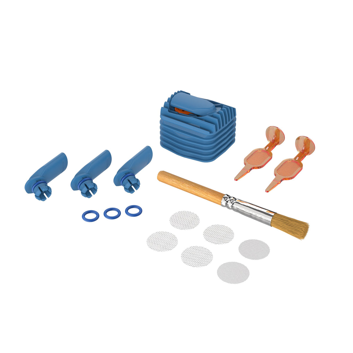 VEAZY Verschleißteileset Dynamic Blue mit Kühleinheit, drei Mundstücken, Ringen, sechs Sieben, Bürste und zwei Werkzeugen
