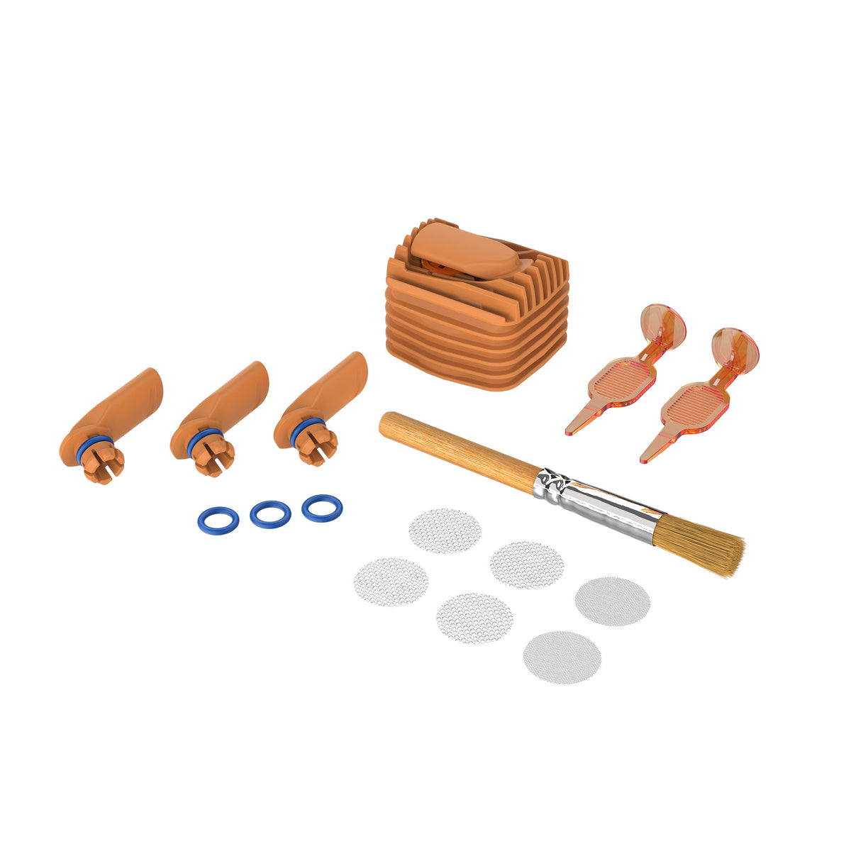 VEAZY Verschleißteileset Inspiring Orange mit Kühleinheit, drei Mundstücken, Ringen, sechs Sieben, Bürste und zwei Werkzeugen