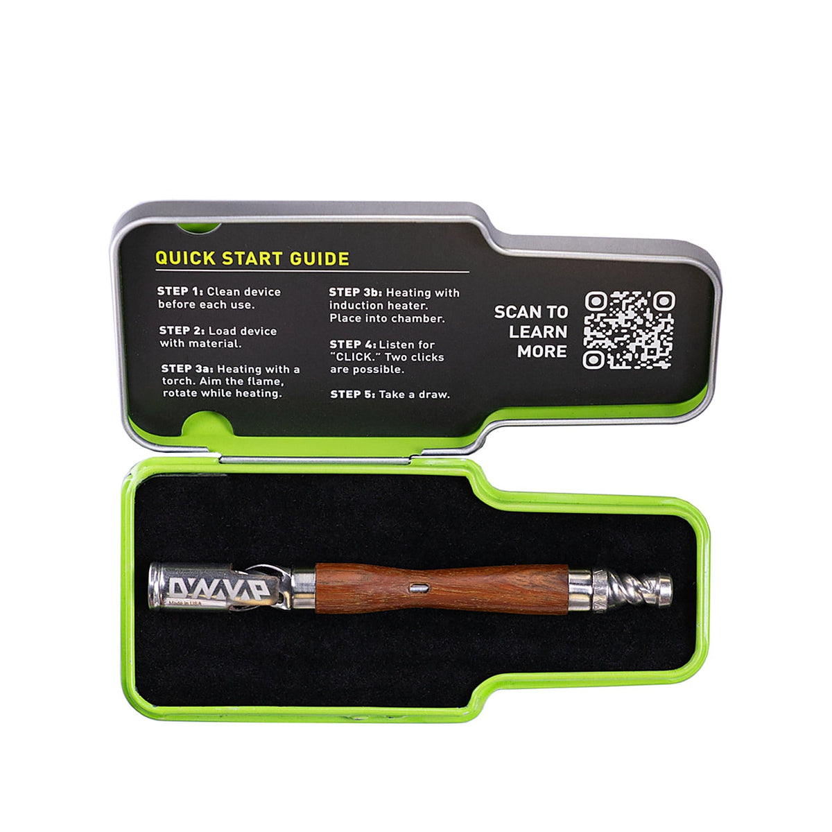 DynaVap WoodWynd und Quick-Start-Hinweise im Etui