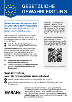 EU-Hinweis „Gesetzliche Gewährleistung“: mindestens zwei Jahre gesetzliche Gewährleistung der Vertragsmäßigkeit für Waren, die in der Europäischen Union verkauft werden