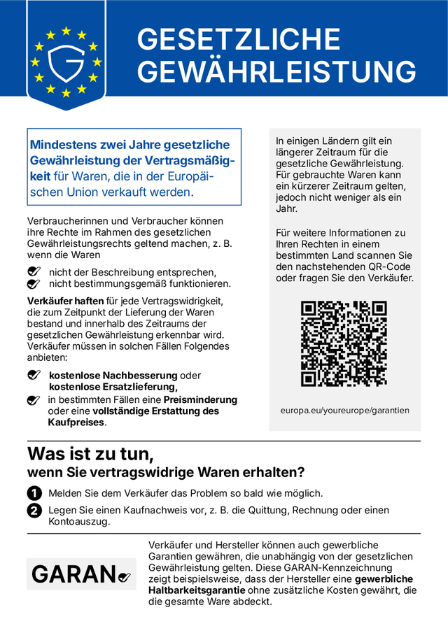EU-Hinweis „Gesetzliche Gewährleistung“: mindestens zwei Jahre gesetzliche Gewährleistung der Vertragsmäßigkeit für Waren, die in der Europäischen Union verkauft werden