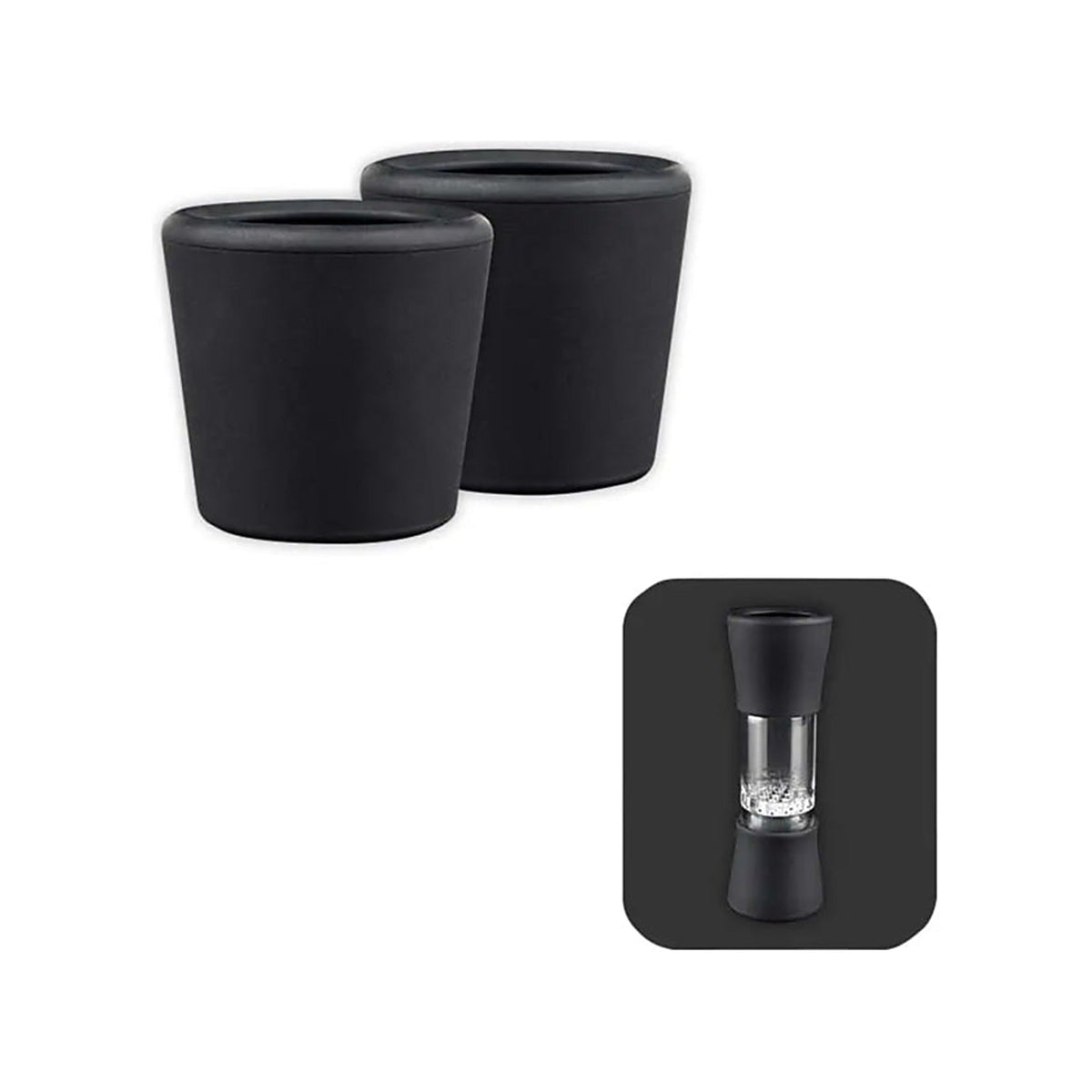 Zwei schwarze Arizer Tuff BowlGrips aus Silikon; kleine Ansicht mit separater Glaskammer als Anwendungsbeispiel