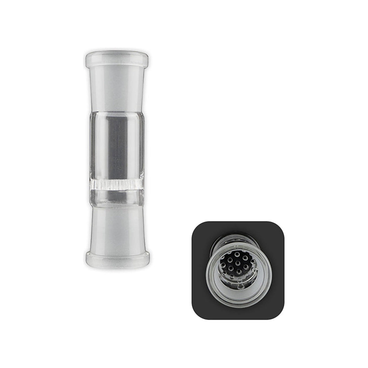 Eine Arizer Connoisseur Bowl aus klarem Glas mit integrierter Siebfläche, zusätzlich in Detailansicht gezeigt